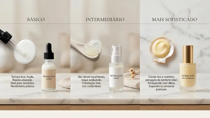 comparação conceitual entre faixas de retinol para o rosto por perfil de uso