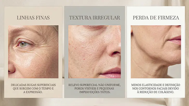 comparação conceitual entre linhas finas, textura irregular e perda de firmeza