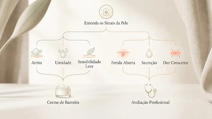 Fluxo simples para decidir quando o creme de barreira é apoio cosmético e quando buscar avaliação profissional