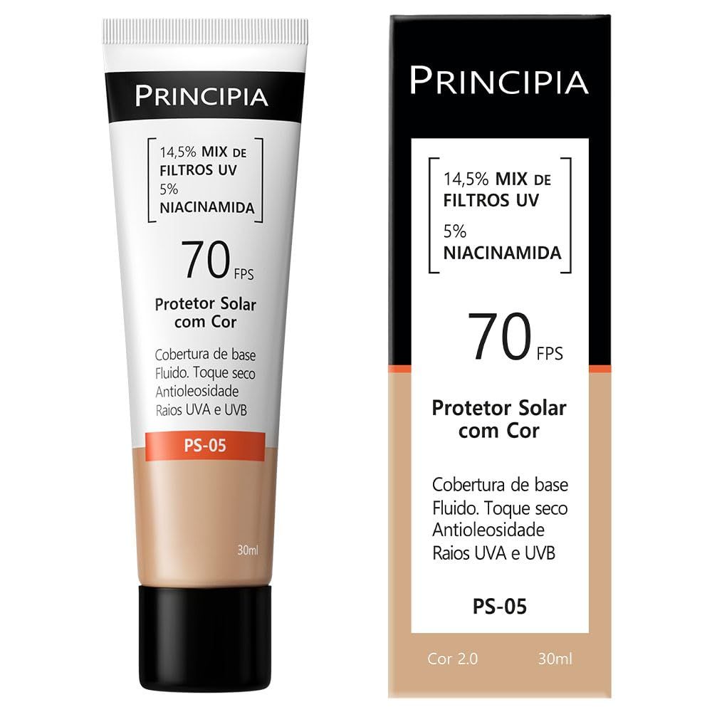 Protetor Solar Facial Principia 14,5% Mix de Filtros UV + 5% Niacinamida FPS 70 PS-05 Cor 2.0 com 30ml