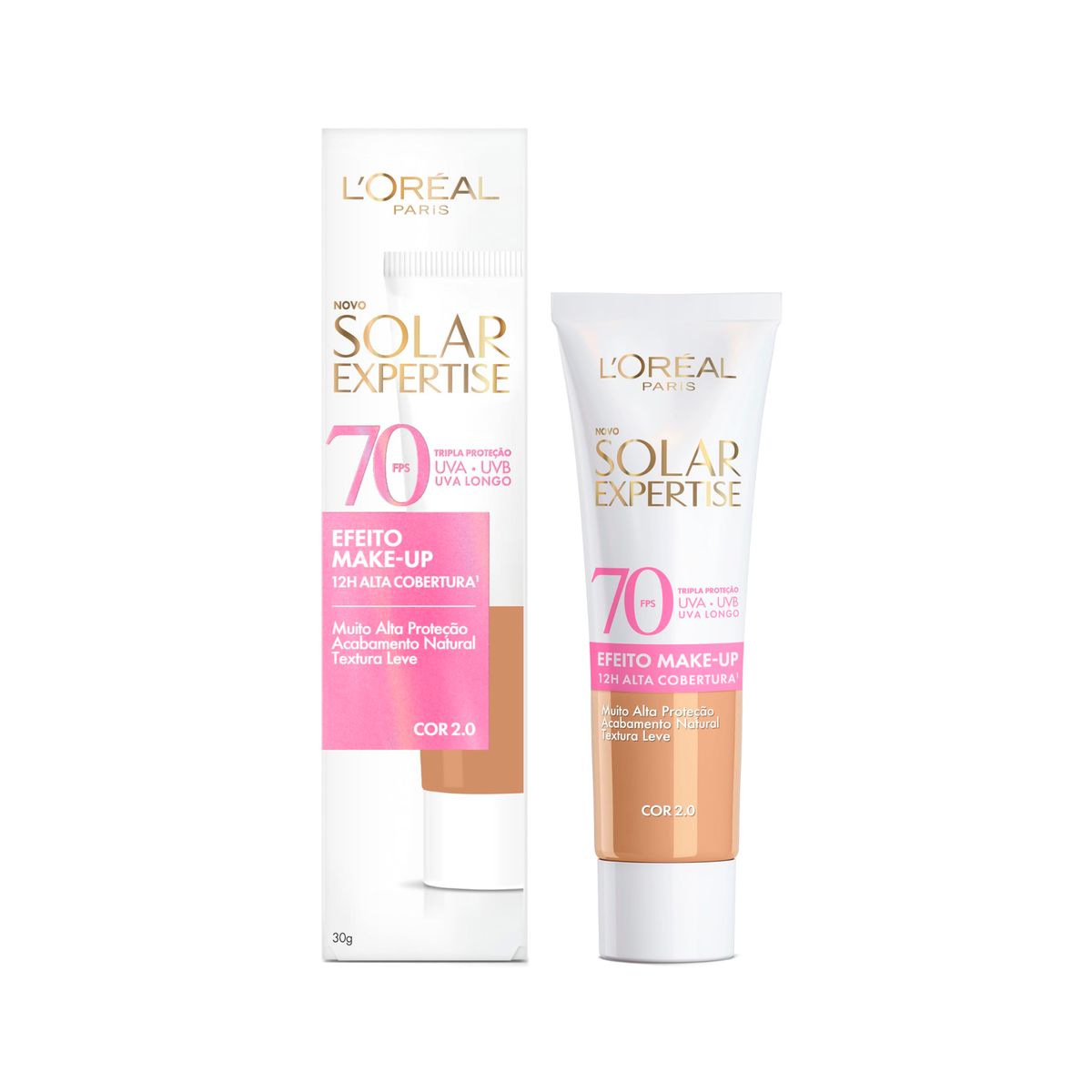 L'Oréal Paris Solar Expertise Efeito Make-Up, Protetor Solar com Cor FPS 70, Cobertura de Maquiagem por até 12h, Tripla Proteção Solar contra raios UVB, UVA, UVA Longo e Luz Visível Cor 2.0, 30g