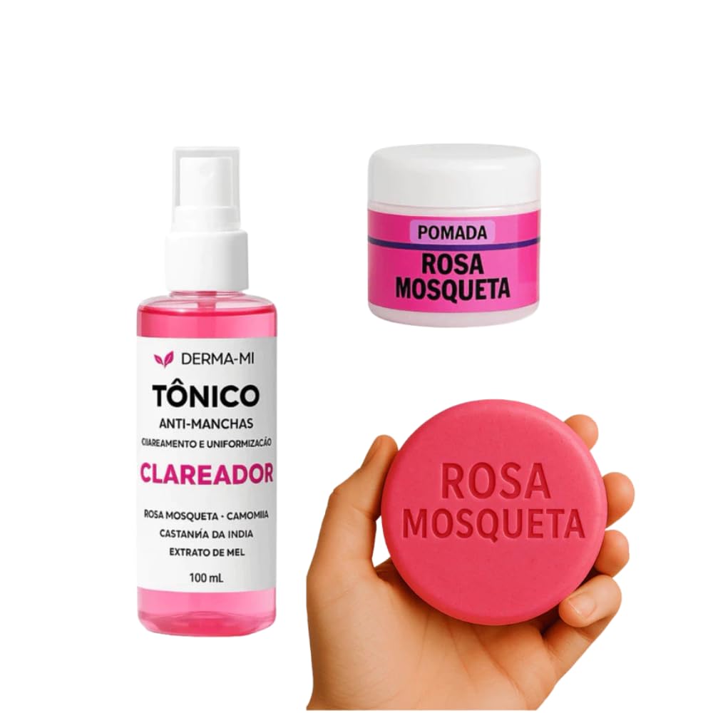 Kit Clareador Rosa Mosqueta DermaMi | Tônico + Pomada + Sabonete | Clareia Manchas, Hidrata e Regenera