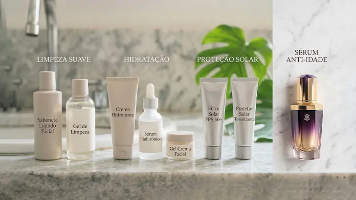 Comparação visual entre rotina básica de skincare e compra isolada por impulso