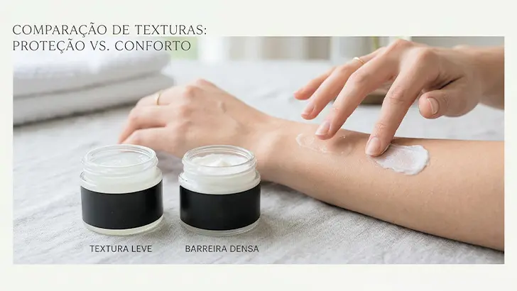 Comparação visual entre textura leve e fórmula barreira mais densa