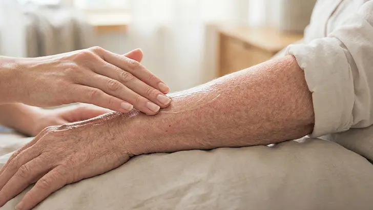 Aplicação de creme barreira em pele sensibilizada para proteção contra umidade e atrito