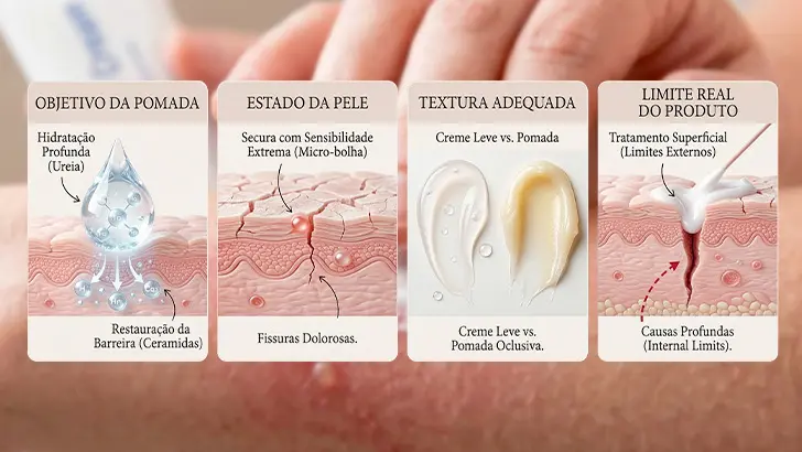 Diagrama com quatro critérios para escolher pomada em queimadura leve
